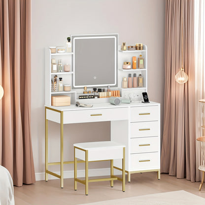 Make-uptafel – Kaptafel – Vanity – Sieradekast – Make-upmeubel – Wit Gouden – Verstelbare LED-verlichting – Groot HD-spiegeloppervlak