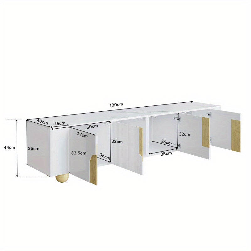 Tv-Meubel – Tv-Kast – Tv-Stand – Media-Meubel – Dressoir – Wit Met Houten Accenten – 180 cm Breed – Marmerlook Blad Met Houten Bolpootjes