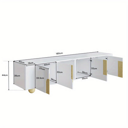 Tv-Meubel – Tv-Kast – Tv-Stand – Media-Meubel – Dressoir – Wit Met Houten Accenten – 180 cm Breed – Marmerlook Blad Met Houten Bolpootjes