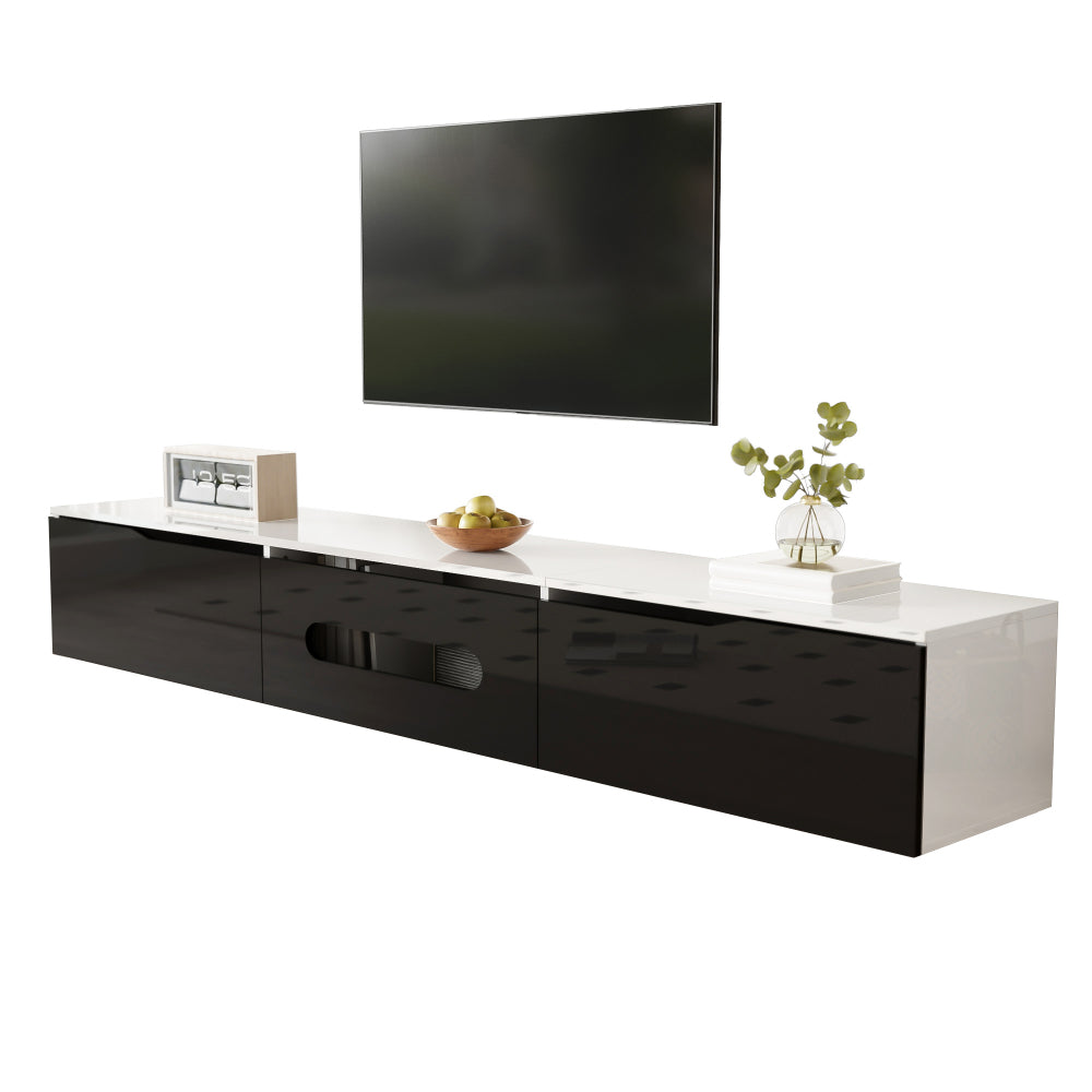 Modern Black & White Metal TV Stand with High-Gloss Finish - 180cm Wall-Mounted Media Console, Space-Saving Design, Ample Storage Shelves & Concealed Compartments for Living Room, Minimalist Entertainment Center, No Electrica