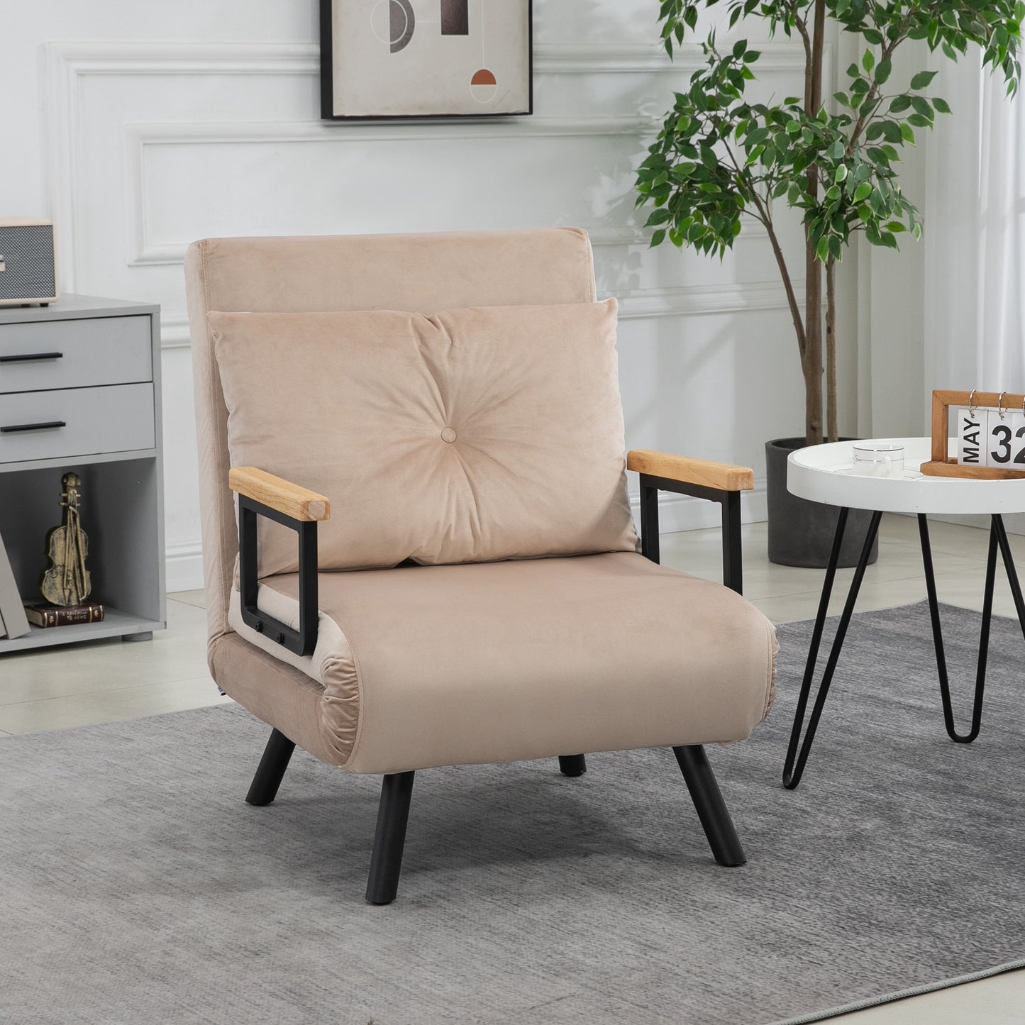Slaapstoel – Slaapbank – Fauteuil – Vouwbed – Zetelbed – 3-in-1 Functioneel Design – Verstelbare Rugleuning & Eikenhouten Armleuningen – Beige Fluweel