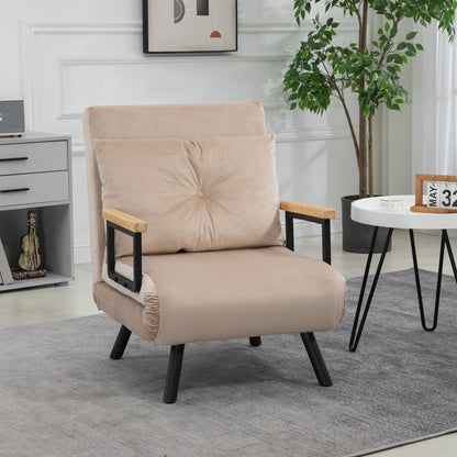 Slaapstoel – Slaapbank – Fauteuil – Vouwbed – Zetelbed – 3-in-1 Functioneel Design – Verstelbare Rugleuning & Eikenhouten Armleuningen – Beige Fluweel