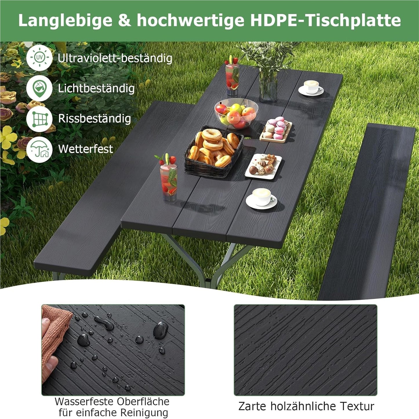 Bier Tent Set – Bierbank Set – Picknicktafel – Feesttafel – Tuinset – Weerbestendig HDPE Blad – Inclusief Parasolgat – Zwart – Geschikt Voor 6-8 Personen – Robuust Metalen Frame