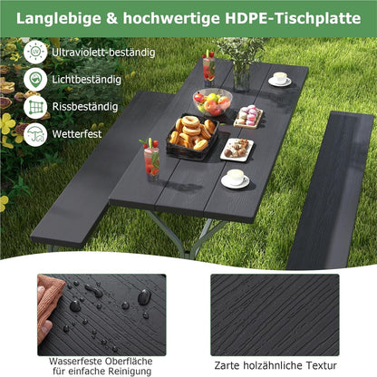 Bier Tent Set – Bierbank Set – Picknicktafel – Feesttafel – Tuinset – Weerbestendig HDPE Blad – Inclusief Parasolgat – Zwart – Geschikt Voor 6-8 Personen – Robuust Metalen Frame