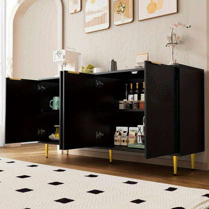 Dressoir – Dressoirkast – Opbergkast – Kast – Ladekast – Modern Design – Zwart MDF Met Hardhouten Afwerking – 160x80x40 cm – Vier Deuren Met Gouden Handgrepen