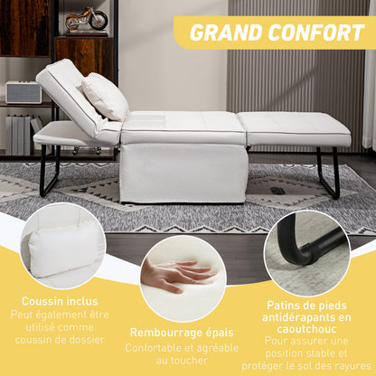 3-in-1 Relaxstoel – Pouf – Chaise Longue – Slaapstoel – Zitzak – Verstelbare Rugleuning 5-standen – Inklapbare Voetensteun – Crèmekleurige Linnenstof – Zwart Metalen Frame