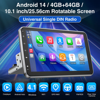 Multifunctionele Auto Radio – Autoradio – Car Stereo – Single DIN Radio – Inbouw Radio – 10,1 Inch Draaibaar Touchscreen – Android 14 Besturingssysteem – Bluetooth & WiFi Connectivity