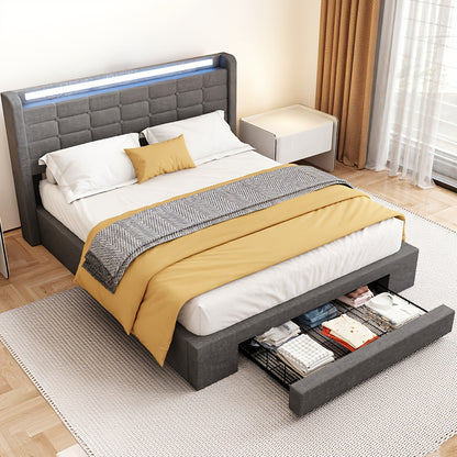 Opbergbed – Gestoffeerd Bed – Opbergbedden – Moderne Slaapbank – Opklapbed – Hydraulische Lift – LED Verlichting – 160x200 cm – Linnen Hoofdbord – Metaal Frame - Grijs