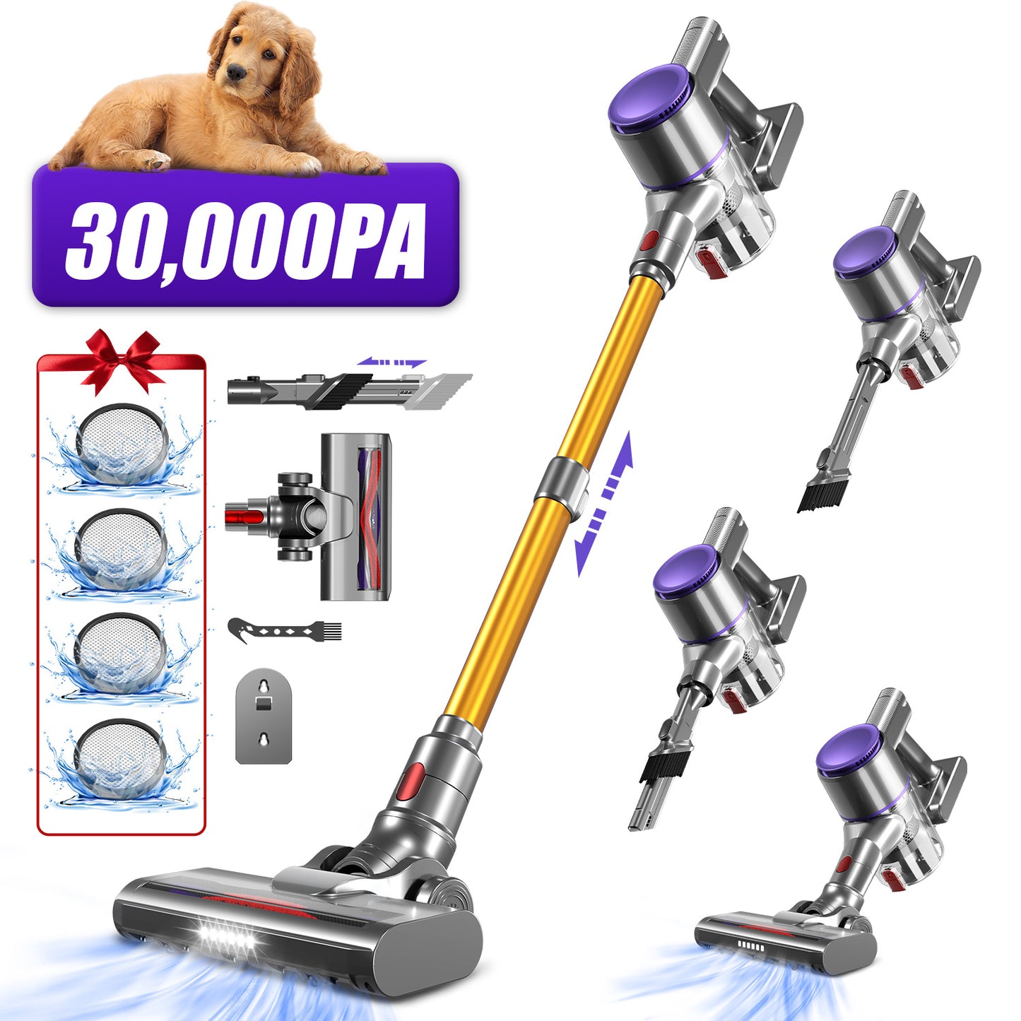 Aiidoits Cordless Vacuum Cleaner – 30000Pa, 300W, 35-Min Runtime, 6×2200mAh Battery, 1.4L Dustbin, Super Quiet, Anti-Tangle Brush – High-Capacity Cordless Vacuum with Long Battery Life, Flexible Cleaning for Hard Floors,