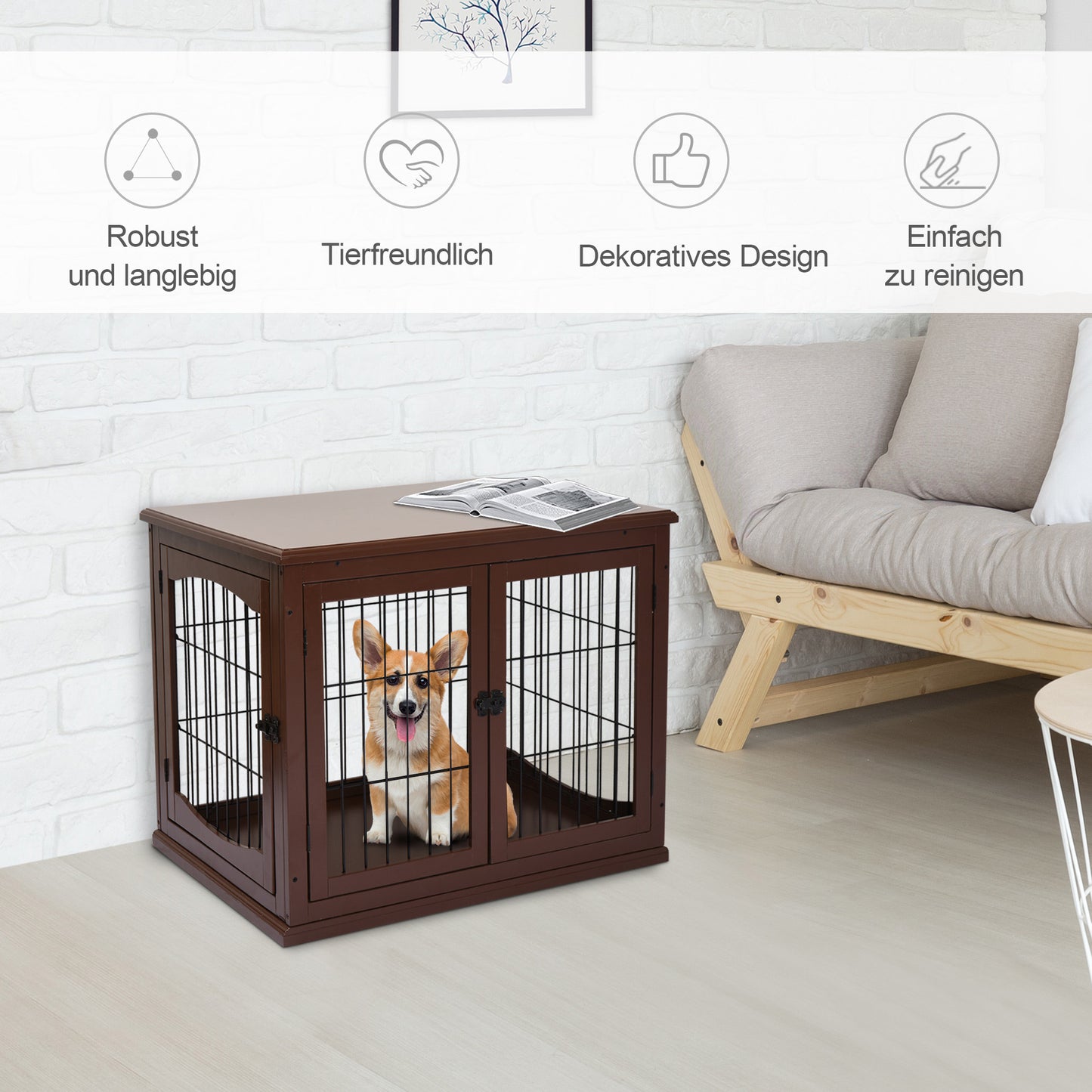 Hondenbench – Hondenkooi – Hondenhok – Hondenmand – Hondenverblijf – Dubbele Deuren – Duurzaam MDF Met Metaal – Bruin – 58,5x81x66 cm