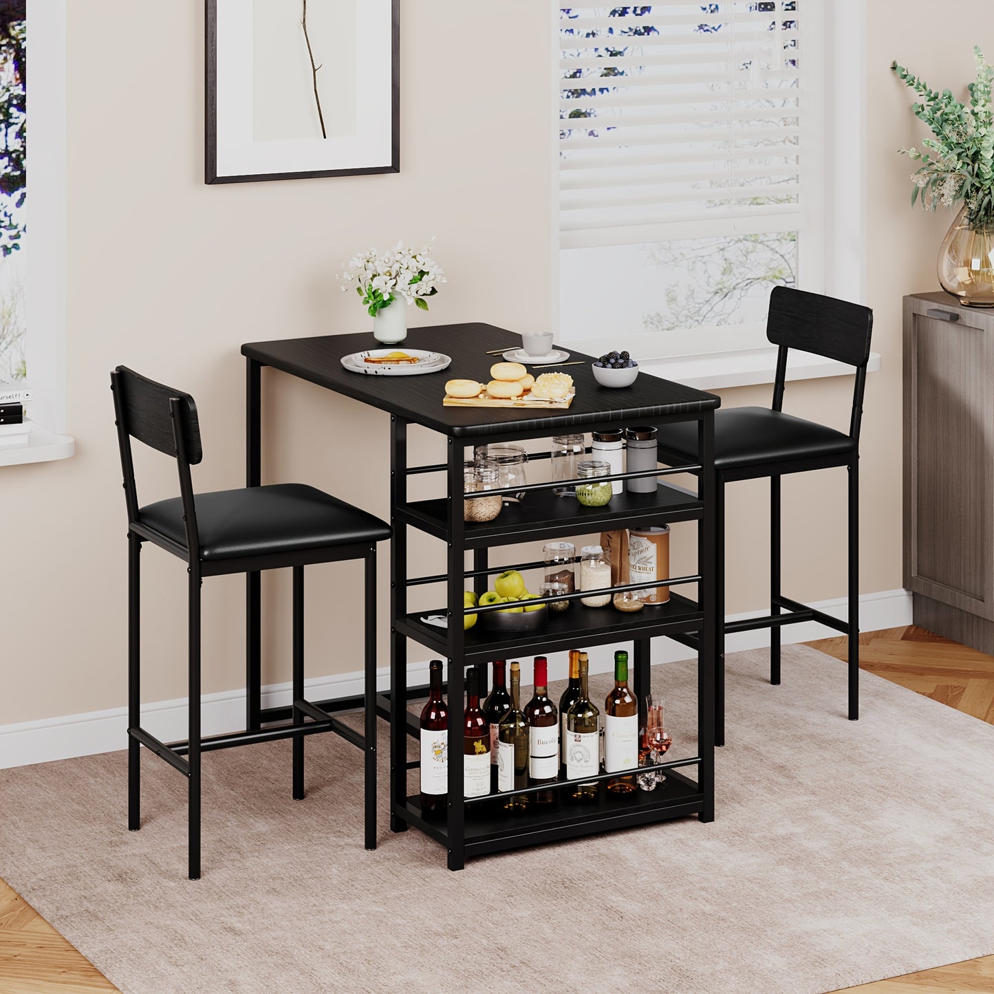 Eettafelset – Bar Tafelset – Keukentafel – Bistro Set – Stoelenset – Compact Ruimtebesparend Ontwerp – Met 3 Opbergruimtes – Matzwarte Metalen Frame