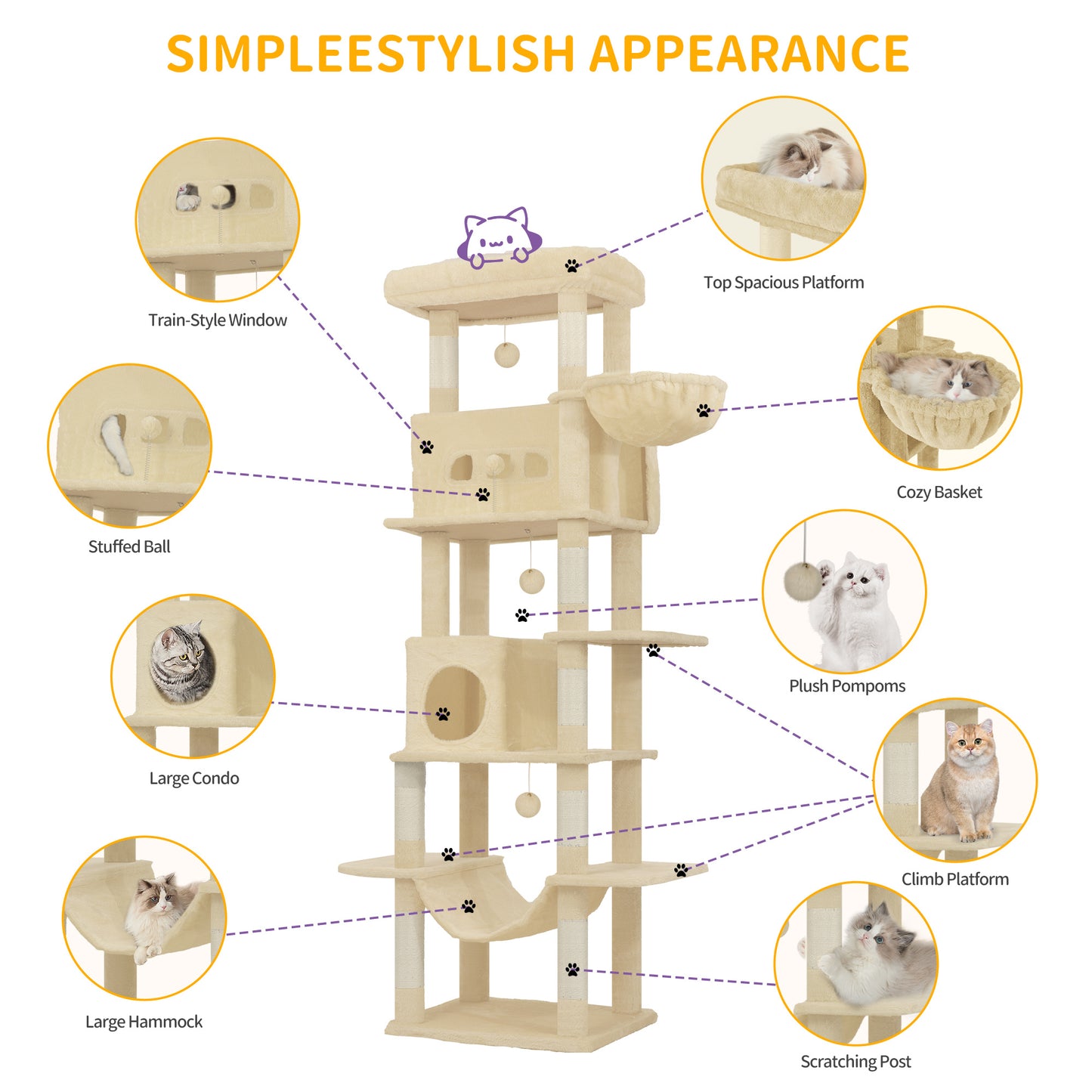 Krabpaal – Kattenkrabpaal – Kattenboom – Kattenhuis – Kattentoren – 210 cm Hoogte – Groot Platform 60x40 cm – Wasbare Mat – 8 Sisal Krabpalen – Geschikt Voor Grote Katten – Beige