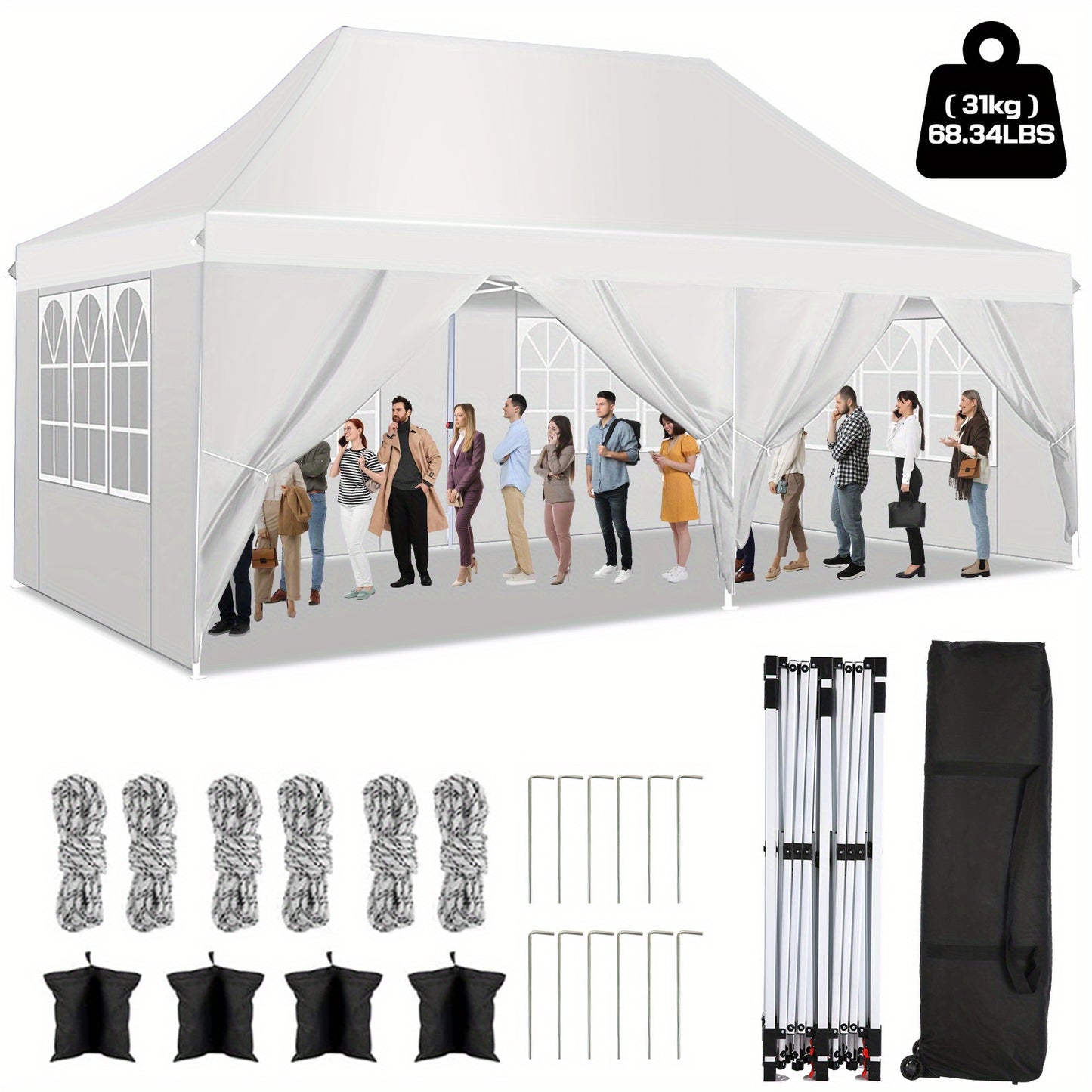Buitenluifel – Partytent – Pop-up Tent – Tunneltent – Zonnescherm – 3x6 Meter – 4 Afneembare Zijwanden – Verstelbare Hoogtes