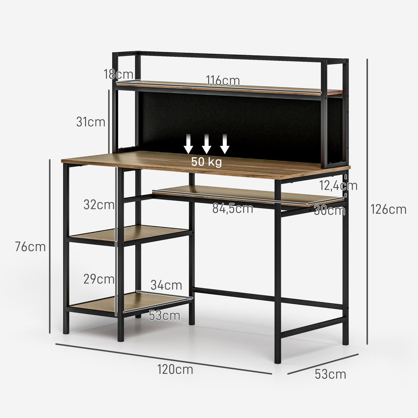 Computertafel – Bureau – Werkplek – Schrijftafel – Studietafel – Met 4 Opbergrekken – Zwart Schrijfbord – 120x53x126 cm – Industrieel Bruin Zwart