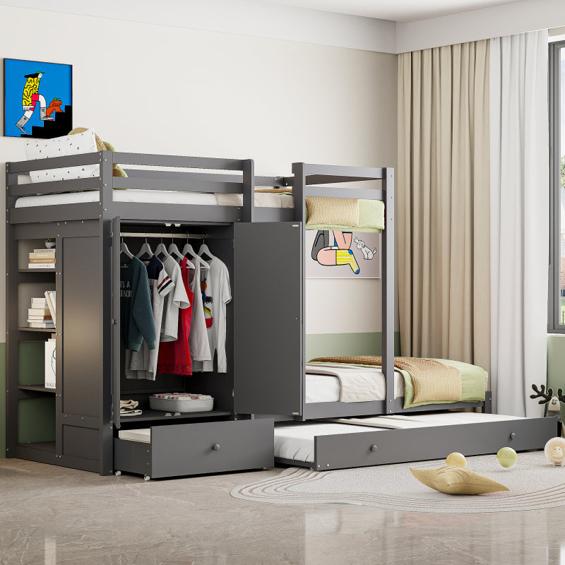 Stapelbed – Hoogslaper – Kinderbed – Multifunctioneel Bed – Uitklapbaar Logeerbed – Massief Hout – 90x200 cm – Met Kledingkast en Ladeblok