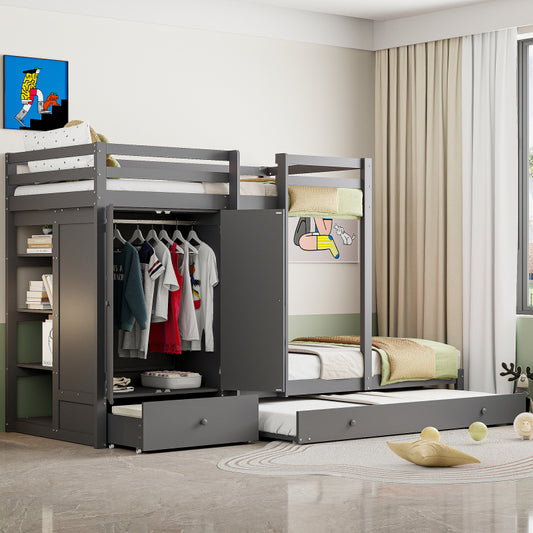 Stapelbed – Hoogslaper – Kinderbed – Multifunctioneel Bed – Uitklapbaar Logeerbed – Massief Hout – 90x200 cm – Met Kledingkast en Ladeblok