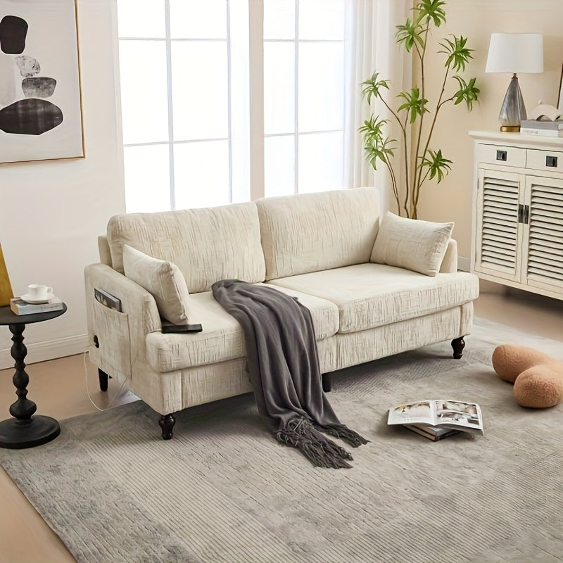 2-Zits Bank – Sofa – Loveseat – Zithoek – Tweezitsbank – Beige Chenille – Zijvak Opbergruimte – Kant-En-Klaar Zonder Montage