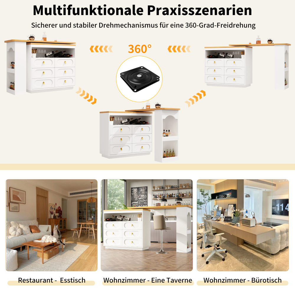 Modern White Metal Storage Island with Extendable Bar Table - Adjustable Height (138-203cm), 360° Rotating Countertop, Multi-Drawer & Open Shelf Storage, Space-Saving Design for Kitchen, Living Room, Dining Area - Heavy-Duty