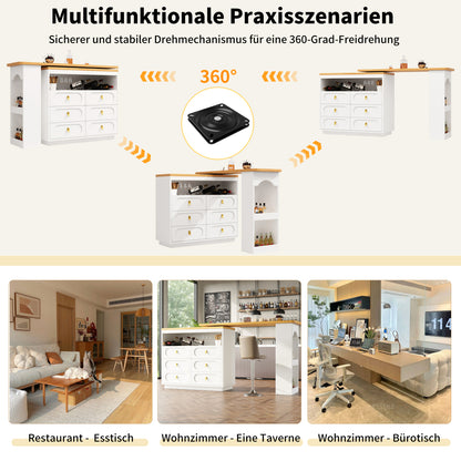 Modern White Metal Storage Island with Extendable Bar Table - Adjustable Height (138-203cm), 360° Rotating Countertop, Multi-Drawer & Open Shelf Storage, Space-Saving Design for Kitchen, Living Room, Dining Area - Heavy-Duty