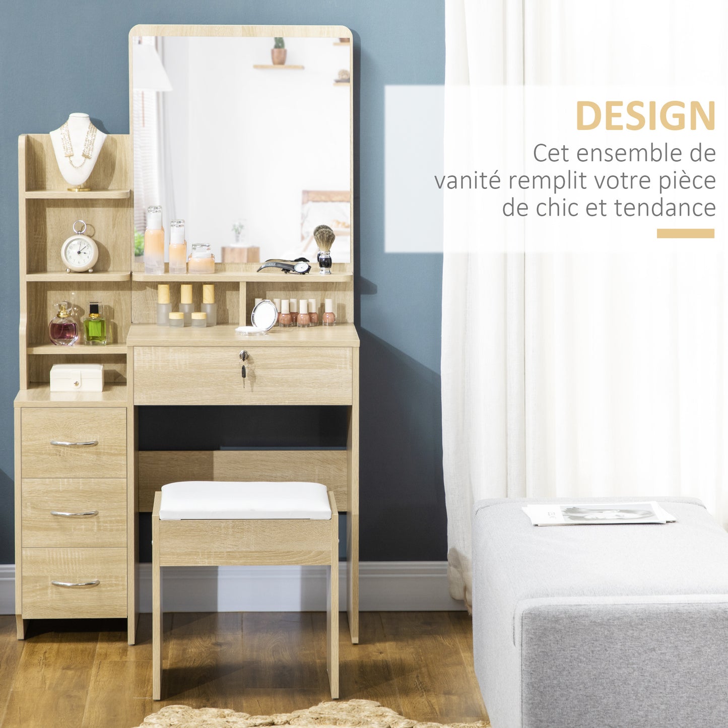 Dressing Table – Kaptafel – Make-up Tafel – Schminktafel – Toilette – Grote Spiegel – 4 Lades & Open Opbergruimte – Natuurlijk Hout
