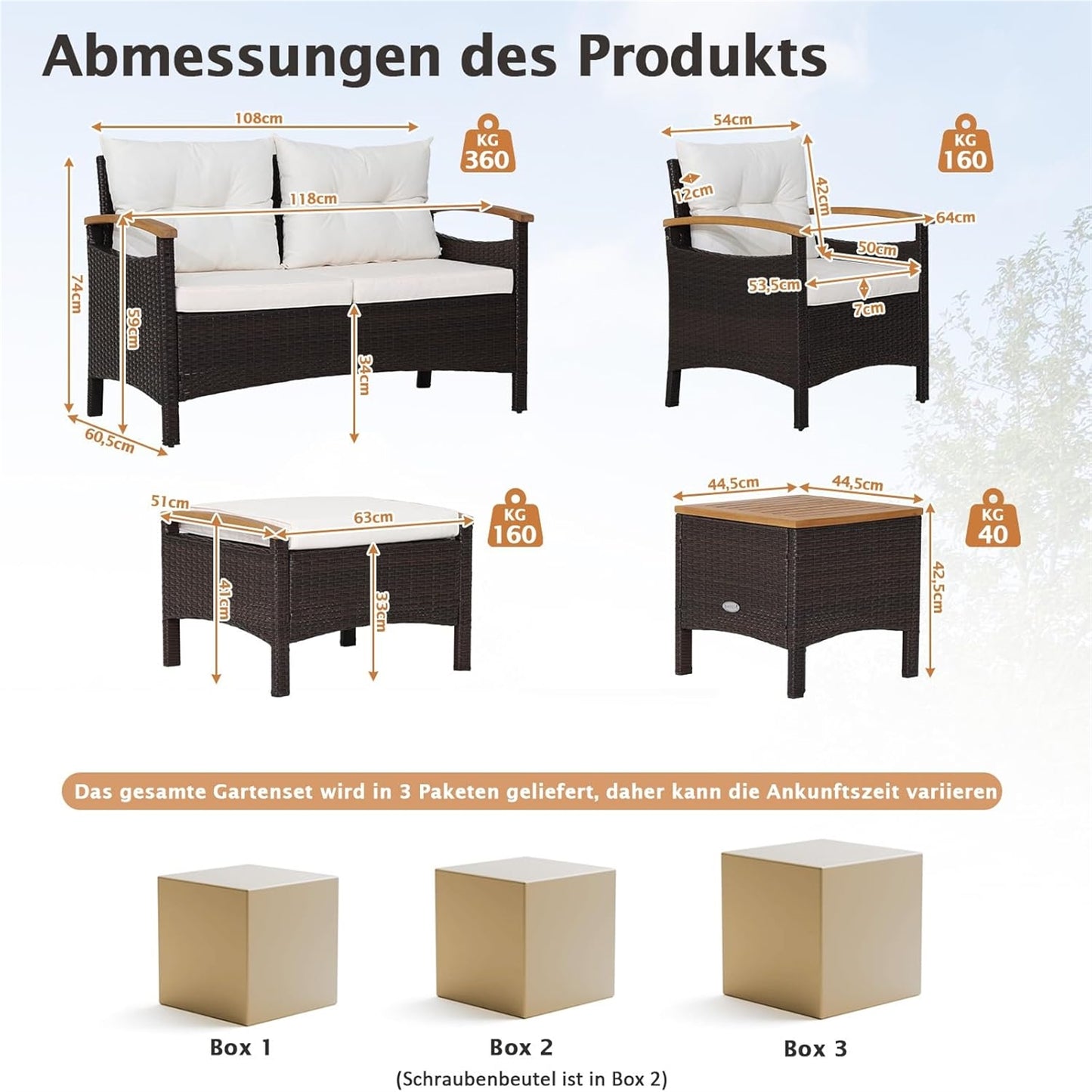 Tuinmeubelset Rattan – Balkonmeubels – Loungeset – Buitenmeubelen – Zithoek – Acaciahouten Tafelbladen – Comfortabele Kussens – Weerbestendig Stalen Frame