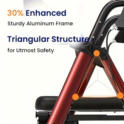 Rollator – Wandelwagen – Loophulpmiddel – Looprek – Mobiliteitshulpmiddel – Opvouwbaar – Aluminium Frame – Grote 20,3 cm Wielen – Ergonomisch Zitje – Dubbel Verstelbare Handvatten – Draagvermogen 136 kg – Rood