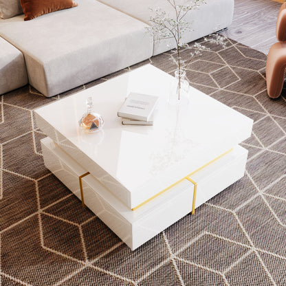 Salontafel – Koffietafel – Woonkamertafel – Bijzettafel – Opbergtafel – Hoogglans Wit Met Gouden Accenten – 2 Laden – Compact 70x70x35,5 cm