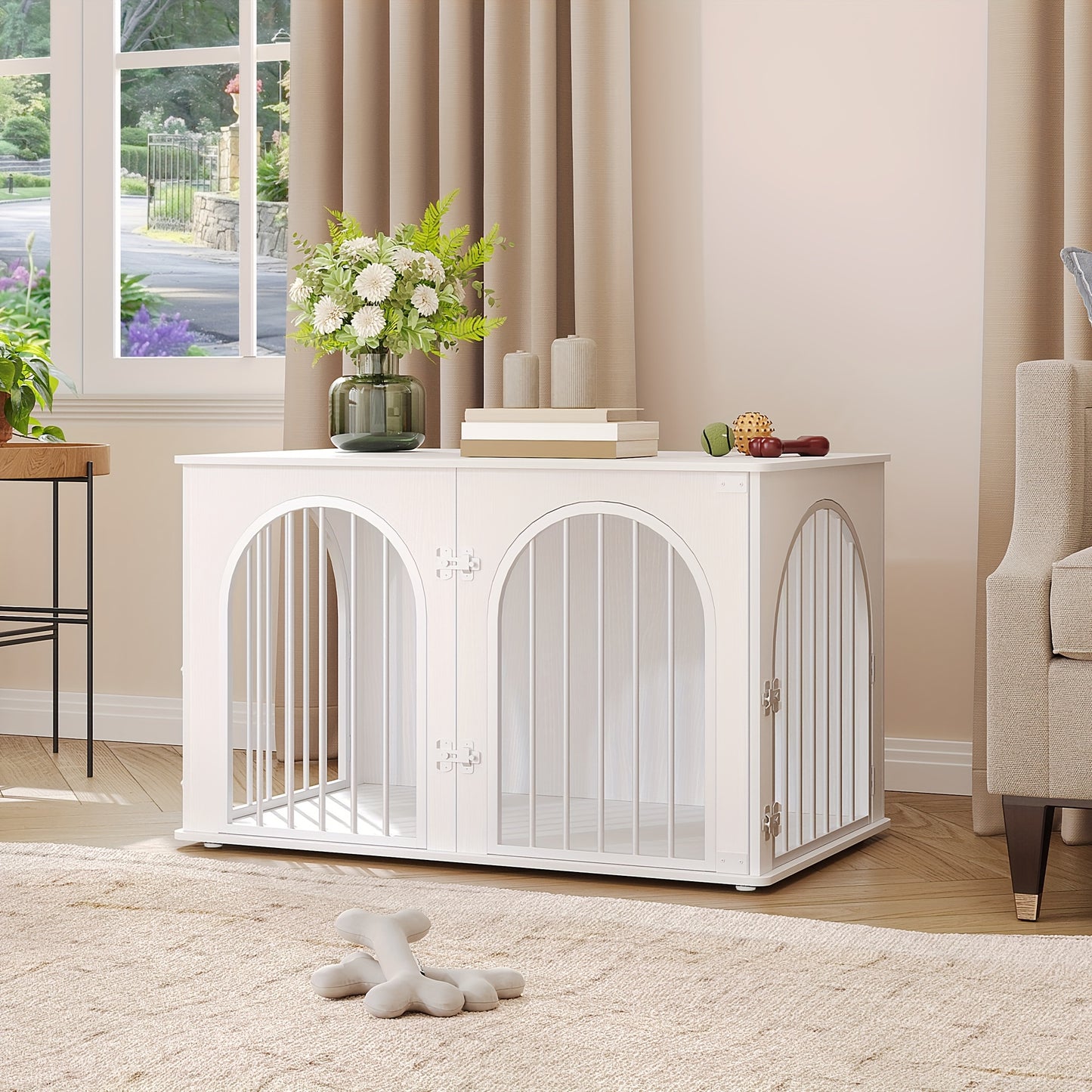 Hondenbench – Hondenkooi – Huisdiervangkooi – Hondenkennel – Hondenschuur – Middelgrote Honden – Wit – 3-Deurs Boogvormige Deur – Stevig Metalen Frame – Multifunctioneel Meubelstuk – 60x100x63 cm