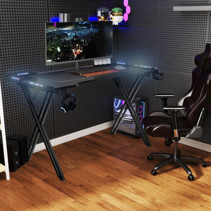 Gamingtafel – Gamebureau – Computertafel – PC Bureau – Werktafel – 120 cm – Stalen X-frame – Bekerhouder en Headphone Haak