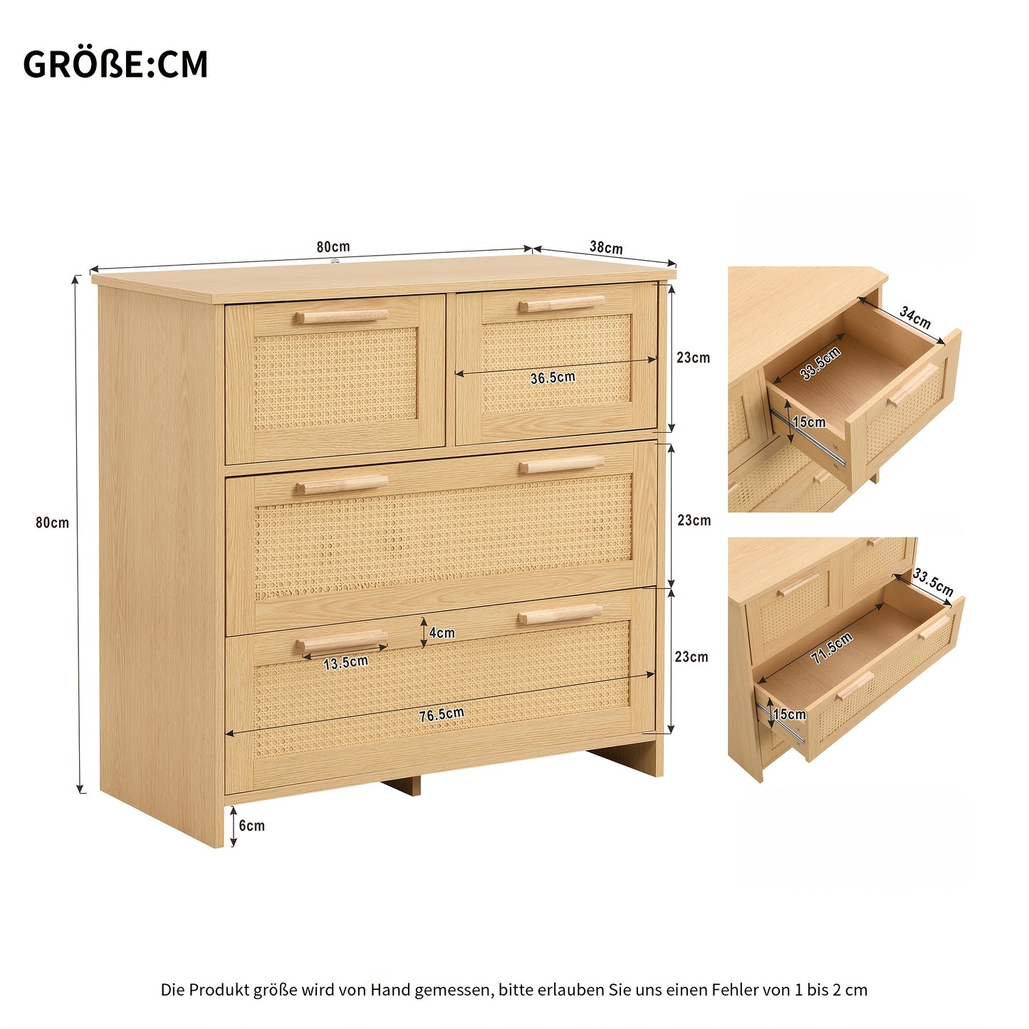 Ladekast – Ladenkast – Kommode – Dressoir – Opbergkast – 4 Lades – Massief Hout Handgrepen – 80x80x38 cm
