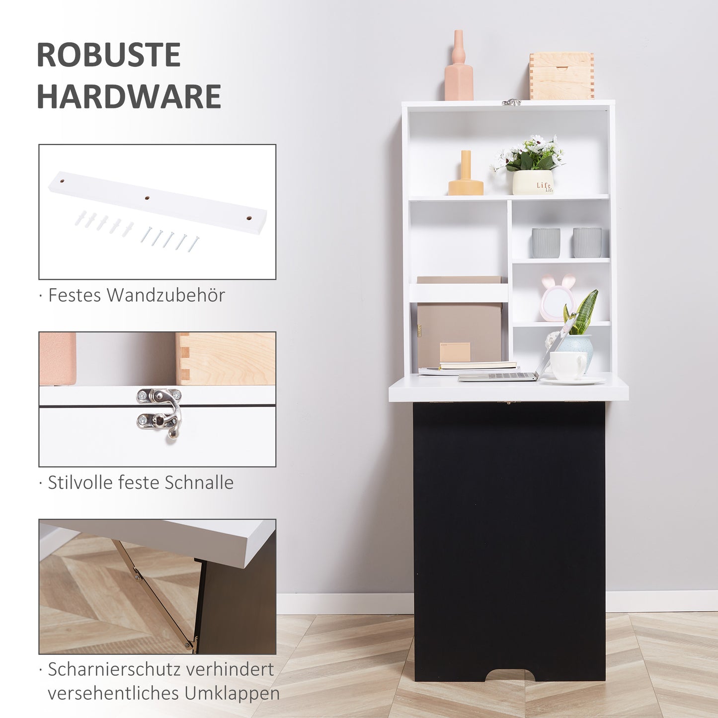 Wandtafel – Opklapbaar Bureau – Opbergmeubel – Werkplek – Schrijfplank – Ruimtebesparend Design – 5 Compartimenten – Zwart/Wit – PVC – 60x94,5x147 cm