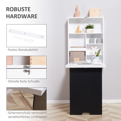 Wandtafel – Opklapbaar Bureau – Opbergmeubel – Werkplek – Schrijfplank – Ruimtebesparend Design – 5 Compartimenten – Zwart/Wit – PVC – 60x94,5x147 cm