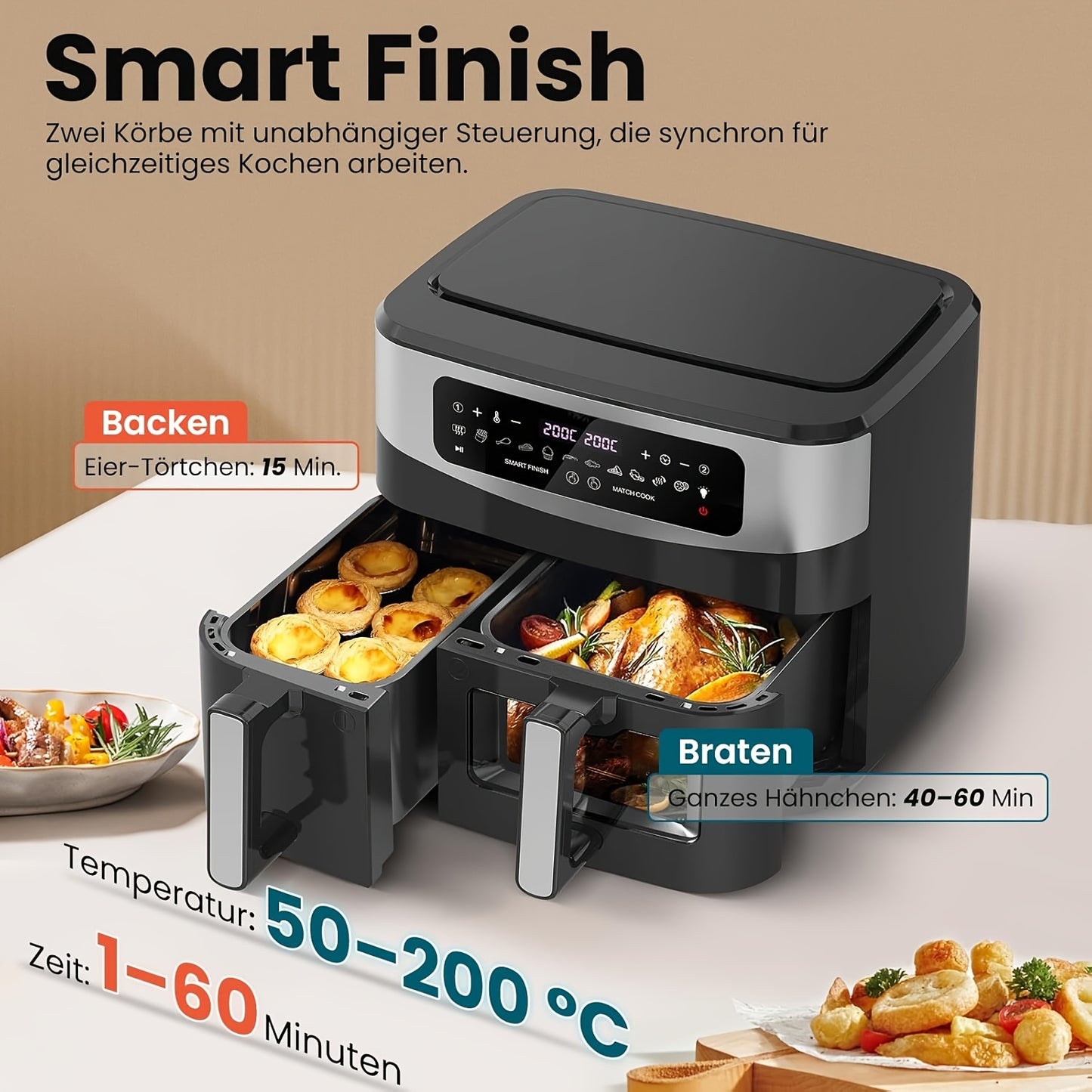 Airfryer – Heteluchtfriteuse – Friteuse – Air fryer – Digitale Friteuse – 10 Liter Dual Zone – 2600W Met Touchscreen & Kijkvenster