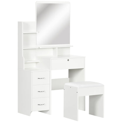 Kaptafel – Make-uptafel – Schminktafel – Dressing Table – Make-up Tafel – Grote Spiegel – 4 Laden & Opbergruimte – Anti-Kantel Design – Inclusief Gestoffeerde Kruk