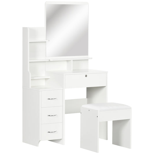 Kaptafel – Make-uptafel – Schminktafel – Dressing Table – Make-up Tafel – Grote Spiegel – 4 Laden & Opbergruimte – Anti-Kantel Design – Inclusief Gestoffeerde Kruk