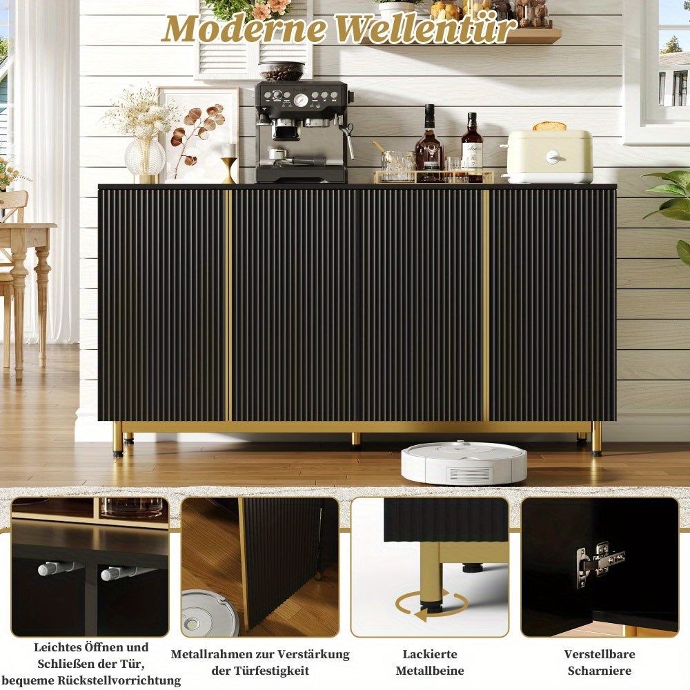 Dressoir – Sideboard – Opbergkast – Buffetkast – Kast – Modern Design – 150 cm – Golvende Ribbeldeuren – Verstelbare Metalen Poten – Zwart