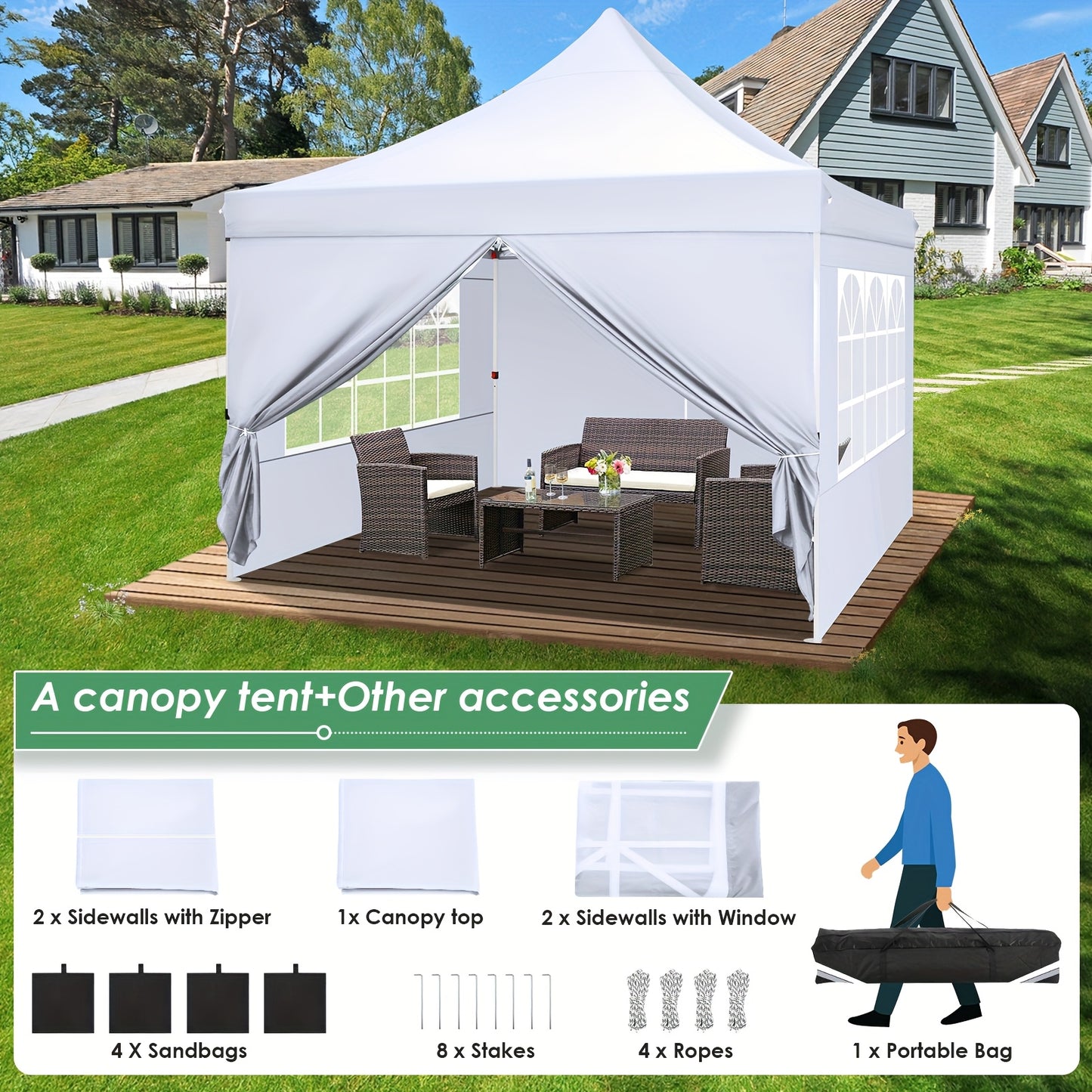 Partytent – Paviljoen – Pop-up Tent – Vouwtent – Tuintent – 3,05x3,05 m – Verstelbare Hoogte – 4 Afneembare Zijwanden
