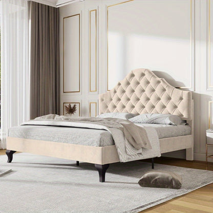 Gestoffeerd Bedframe – Bedombouw – Bedframe – Slaapbed – Bed – 140x190 cm – Verstelbare Hoofdsteun – Houten Lattenbodem – Beige Velours