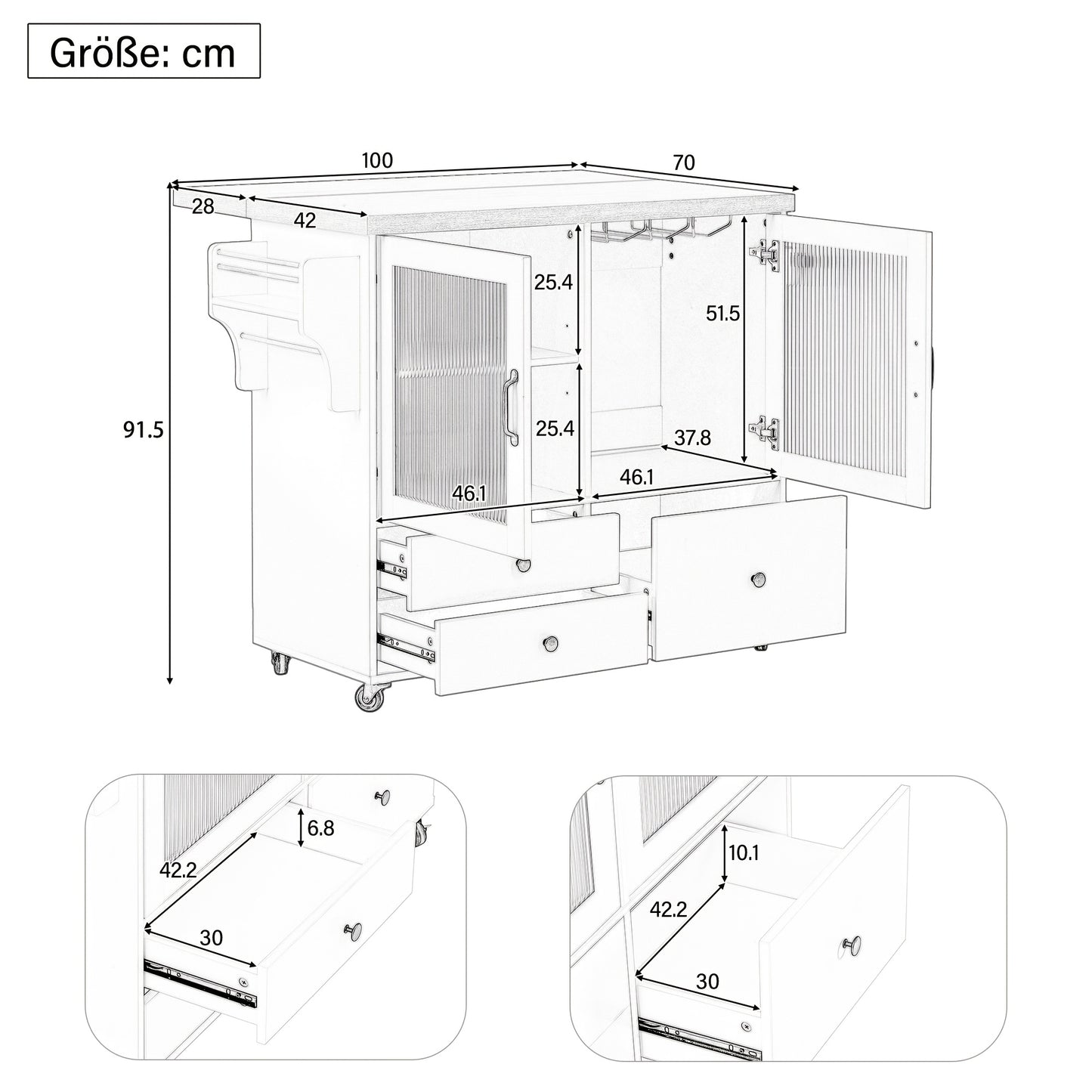 Verplaatsbaar Keukeneiland – Keukentrolley – Bar Tafel – Opbergkast – Eettafel – Inklapbaar – Wijnrek – Wielen Met Rem – Wit – Compact En Stijlvol