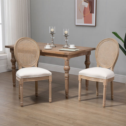 Eetkamerstoelen – Stoel – Keukenstoel – Zithoekstoel – Armstoel – Set van 2 – Rattan Rugleuning – Gestoffeerde Zitting Linnen Look – Massief Houten Poten – Anti-slip Voetjes – Hoog Zitcomfort – Max. 120 kg