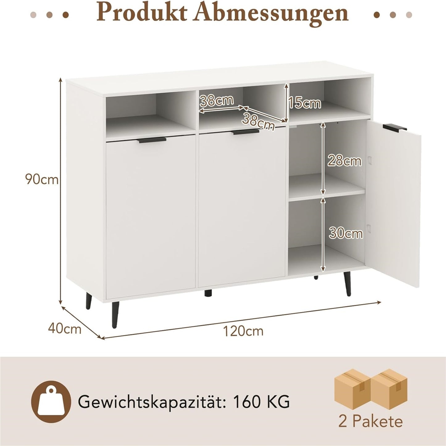 Houten Sideboard – Dressoir – Keukenkast – Opbergkast – Buffetkast – 5 Verstelbare Planken – Wit 120x40x90 cm