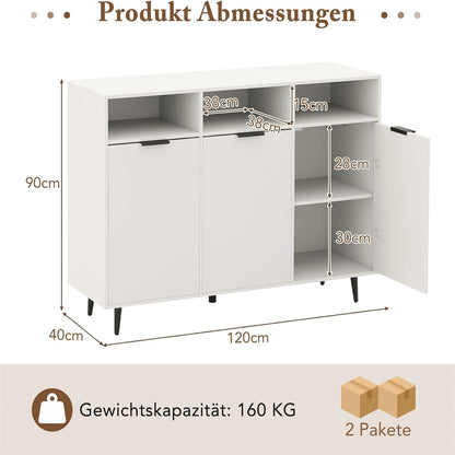 Houten Sideboard – Dressoir – Keukenkast – Opbergkast – Buffetkast – 5 Verstelbare Planken – Wit 120x40x90 cm