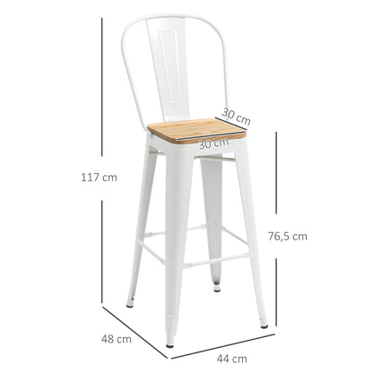 Barkruk – Barstoel – Kruk – Barkrukken Set – Industrieel Design – Met Rugleuning – Met Voetsteun – Set Van 4 – Stijlvol Wit Metalen Frame – Houten Zitting – Zithoogte 76 cm