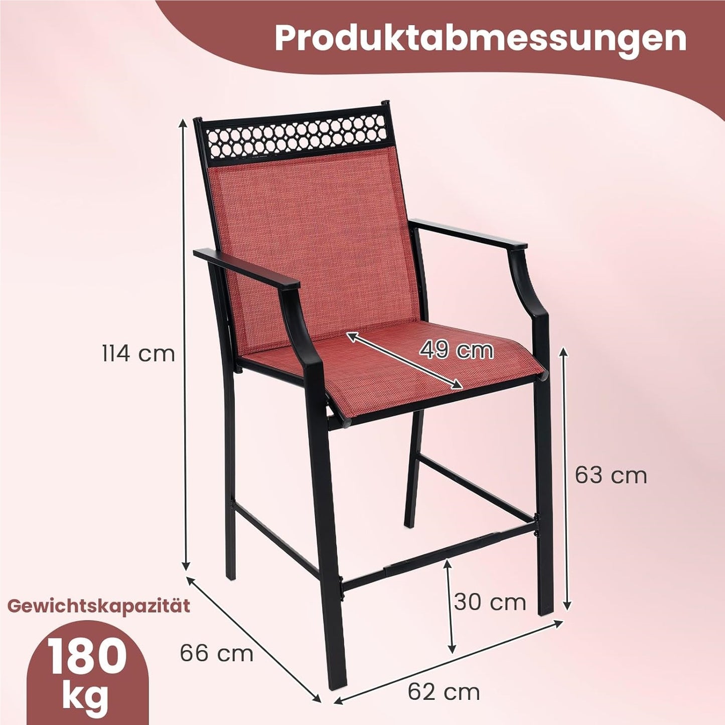 Tuinstoelen – Terrasstoelen – Balkonstoelen – Hoge Stoelen – Ligstoelen – Metalen Frame – Sneldrogende Ademend Zitting – Max. 180 kg Belastbaar – Rood