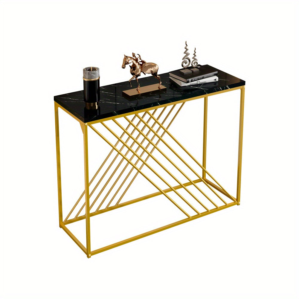 Sidetable – Entreetafel – Haltafel – Wandtafel – Bijzettafel – Zwart MDF Tafelblad – Gouden Metalen Onderstel – 100x35x77 cm – Stijlvol & Praktisch