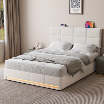 Bedframe – Opbergbed – Gestoffeerd Bed – Tweepersoonsbed – Platformbed – Hydraulische Opbergruimte – Stijlvol Beige Fluweel