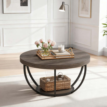 2-laags Salontafel Hout – Koffietafel Rond – Bijzettafel – Accenttafel – Opbergbank – Industrieel Design – Grijs Zwart – Ruime Opbergruimte – Stevige Metaalbasis