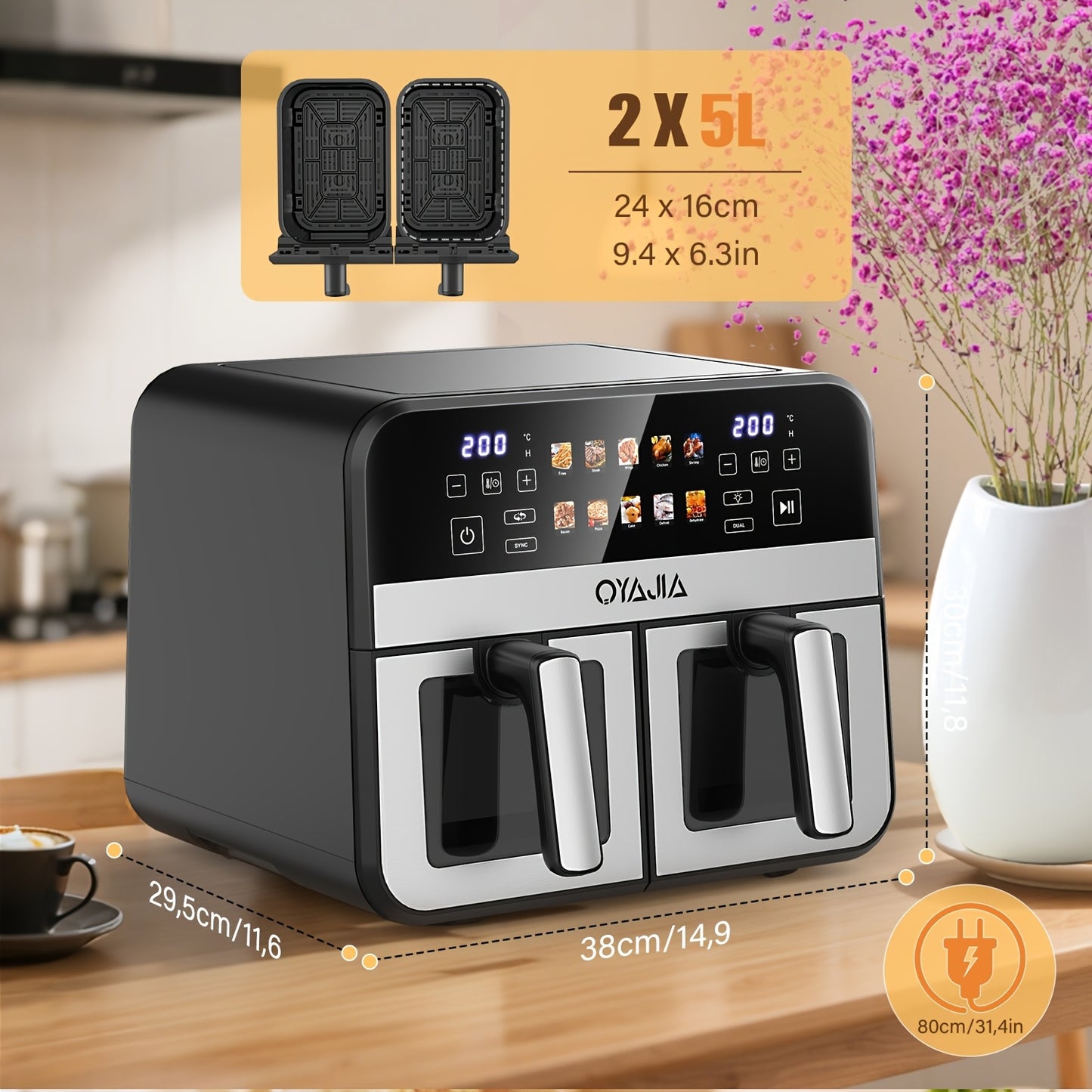 Dual Zone Airfryer – Heteluchtfriteuse – Airfryer Met Dubbele Mand – Gezonde Friteuse – 2 Bakken – 10,5L – Roestvrij Staal – 10 Voorgeprogrammeerde Kookfuncties
