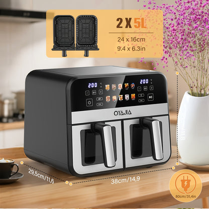 Dual Zone Airfryer – Heteluchtfriteuse – Airfryer Met Dubbele Mand – Gezonde Friteuse – 2 Bakken – 10,5L – Roestvrij Staal – 10 Voorgeprogrammeerde Kookfuncties