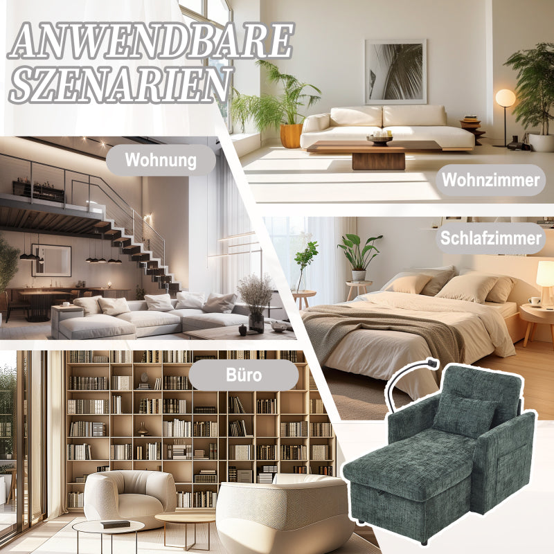 Loungestoel – Relaxstoel – Fauteuil – Leunstoel – Chenille Stoel – Inklapbaar & Ruimtebesparend – Zachte Chenille Bekleding & Telefoonhouder Met Opbergruimte